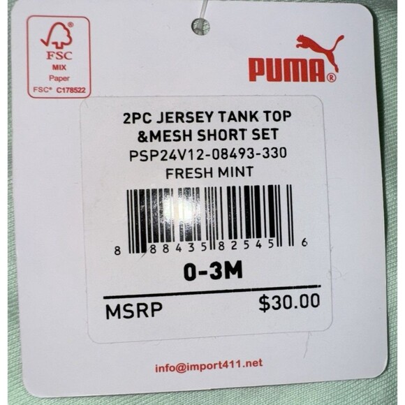 Puma 2-Piece Set Baby Girls 0-3 Months Tank Top & Short Fresh Mint Green New - Picture 3 of 3
